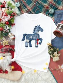 2026 New Year Family Atmosphere T-Shirt, Denim Cow Pattern Women Short Sleeve Top