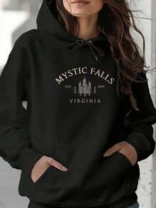 Mystic Falls Est 1859 Virginia Tree Design Graphic Print Long Sleeve Drawstring Fleece Hoodie Pullover Pocket Sweatshirt For Women, Casual Oversized Long Sleeve Fashion Streetwear Pullover Black White Options, Winter Clothes, Suitable For Parties, Outdoor Activities, And Leisure - 黑色 - 查看 1