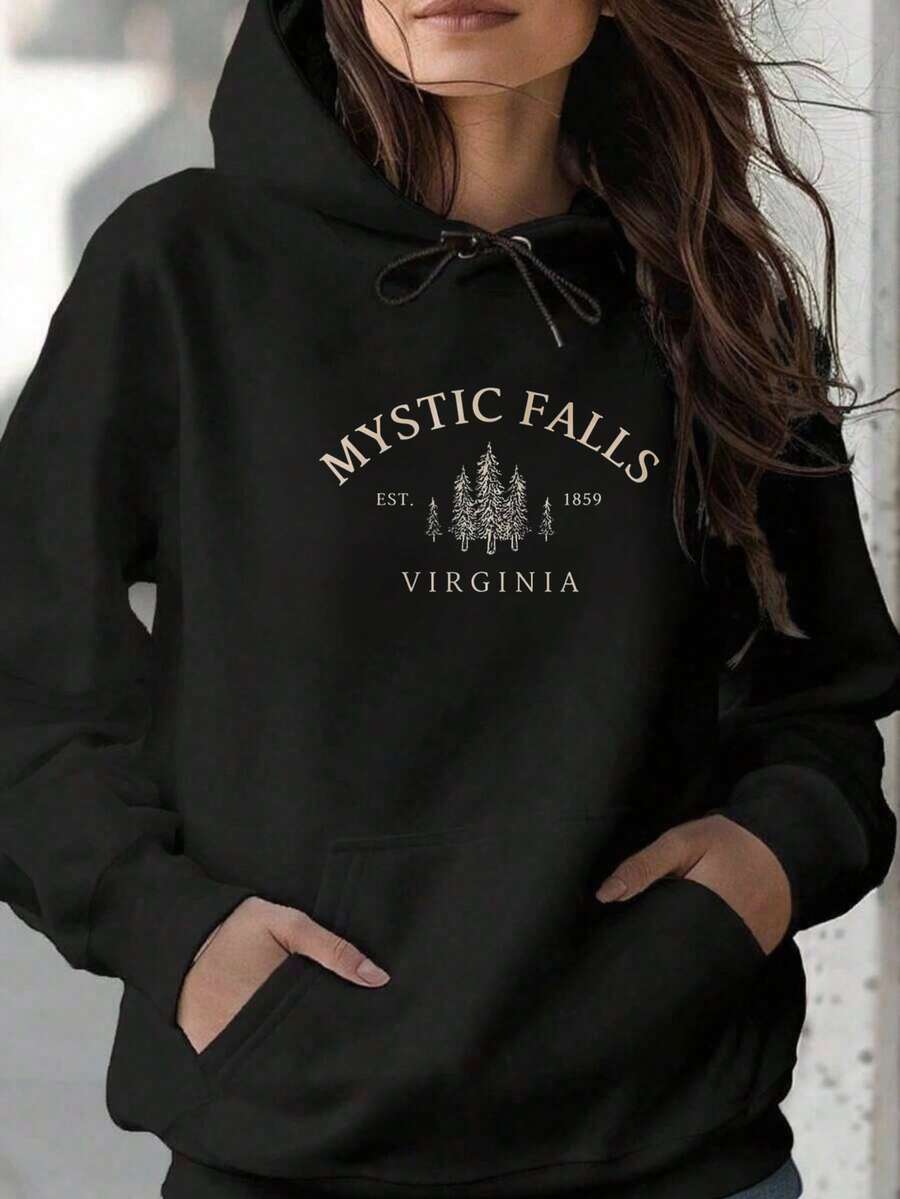Mystic Falls Est 1859 Virginia Tree Design Graphic Print Long Sleeve Drawstring Fleece Hoodie Pullover Pocket Sweatshirt For Women, Casual Oversized Long Sleeve Fashion Streetwear Pullover Black White Options, Winter Clothes, Suitable For Parties, Outdoor Activities, And Leisure - 黑色 - 查看 1