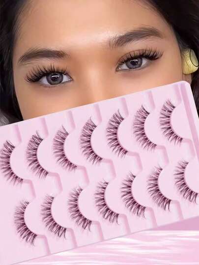 7 Pairs D-Curl Natural Transparent Stem Criss-Cross False Eyelashes, 5-13mm, Suitable For Work, Daily, School, Date, Vacation