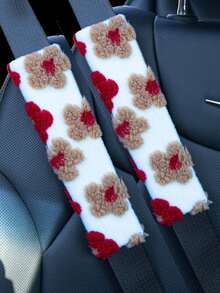 3pcs/2pcs/1pc Car Interior Accessory Set, Floral Plush Steering Wheel Cover And Seatbelt Shoulder Pads, Non-Slip, Warm, Cute, Personalized, Suitable For All Seasons