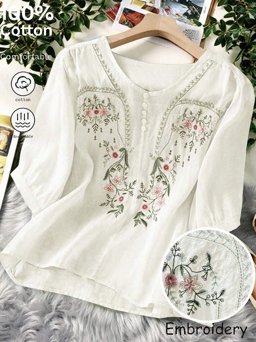 Blusa holgada de mujer de tela ligera y transparente con bordado floral, estilo casual para primavera/verano - Blanco - Ver 1