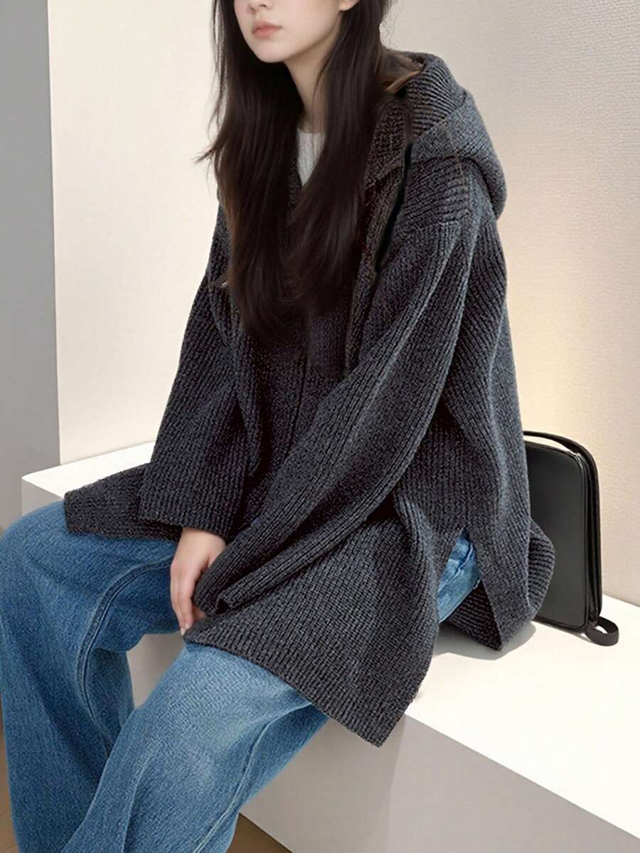 Alicedudu 女士秋冬休闲高端简约风连帽开衫 - 深灰色 - 查看 1