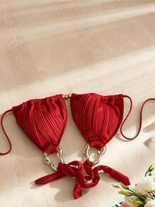 Women's Red Ribbed Bikini With Metal Ring Detail & Sarong Skirt 3 - Piece Set - Swimwear For Vacation, Beach & Holiday Outfits - Red - View 4