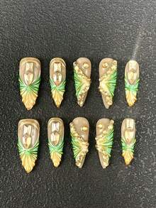 10 Pieces Of Handcrafted Nail Embossing 33mm Stiletto Nails French Gradient Rhinestone Multi-Color 3D Carving Technology Multi-Color Decoration Multi-Purpose Suitable For Women To Wear Available In Three Sizes Suitable For Various Occasions, Parties, Dances, And Daily Wear - Multicolor - View 1