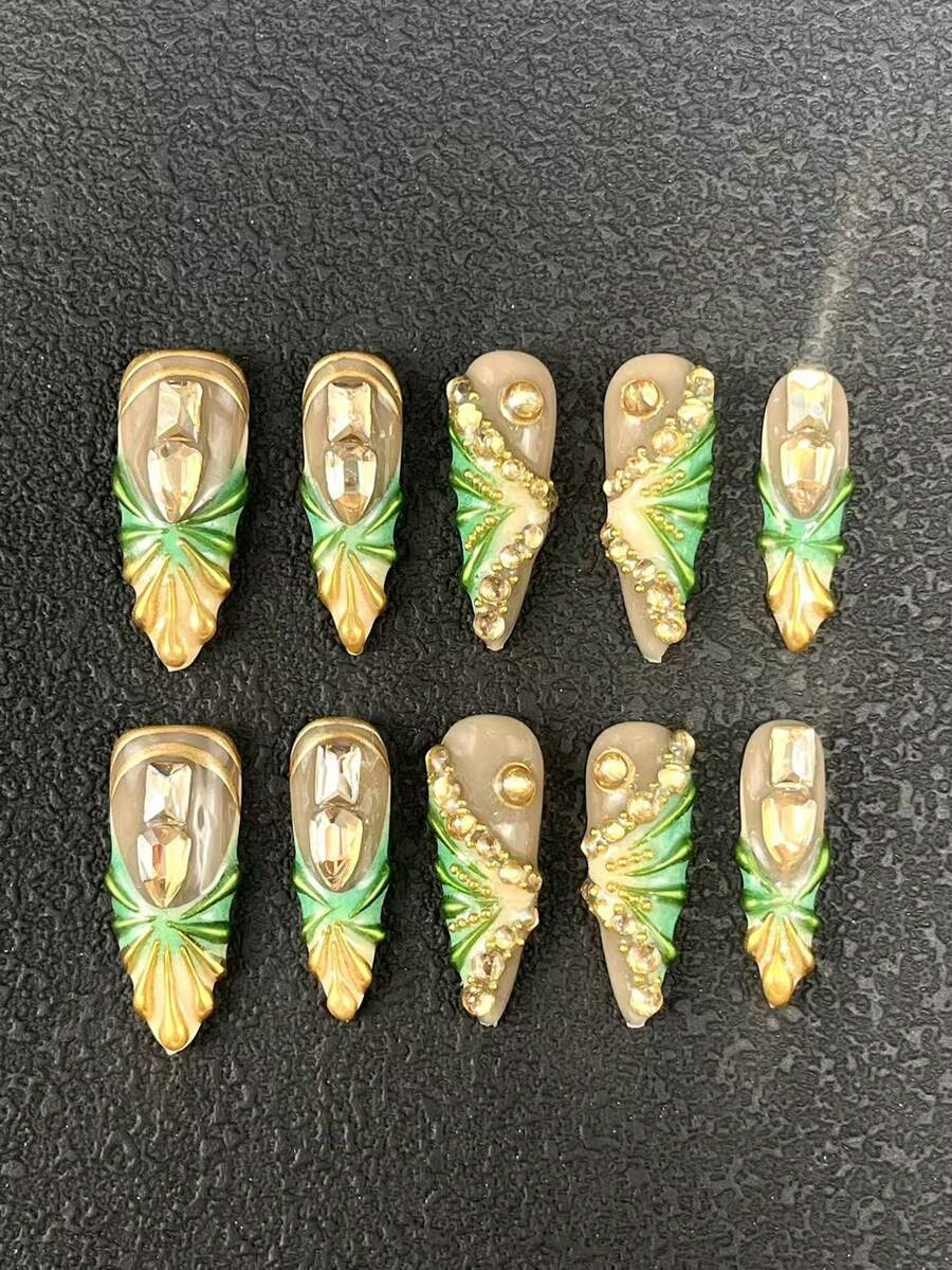 10 Pieces Of Handcrafted Nail Embossing 33mm Stiletto Nails French Gradient Rhinestone Multi-Color 3D Carving Technology Multi-Color Decoration Multi-Purpose Suitable For Women To Wear Available In Three Sizes Suitable For Various Occasions, Parties, Dances, And Daily Wear - Multicolor - View 1