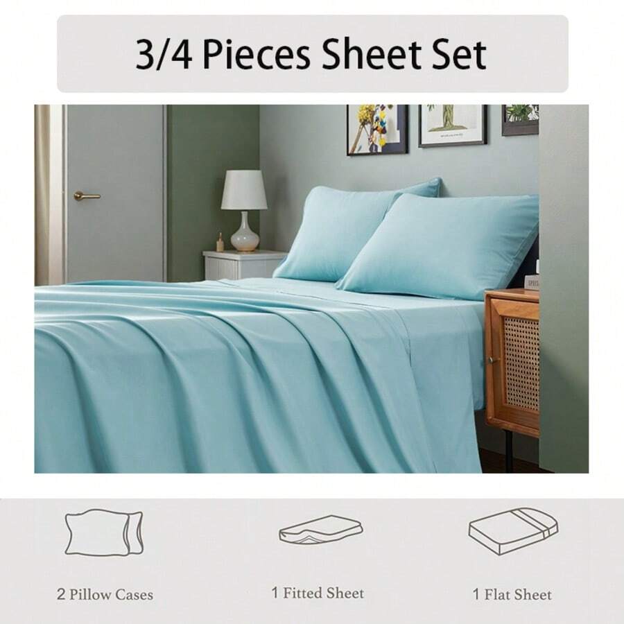 3/4 Pieces Sheet Set, Cooling Sheets For 3 Pieces Twin Sheet Set With Pillowcase, Full/Queen/King Size Bed Set With 4Pieces, Derived From Microfiber, Breathable & Soft, Deep Pocket Up To 16", Hotel Luxury Silky Bedding For Hot Sleepers - Màu xanh nước biển - Xem 1