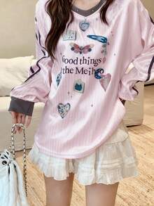 印花短袖T恤女款，趣味图案印花运动V领长袖T恤T恤 - 粉色 - 查看 5