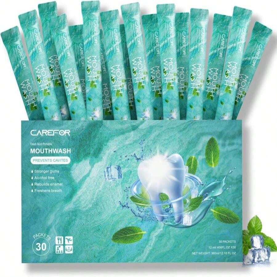 Mouthwash Travel Size Portable Packets To Go, Alcohol &Amp; Fluoride Free Fresh Mint MouthwashStrips For Superior Oral Hygiene,30 Individual Disposable Mouthwash Packs(Pack Of 30) - ColorA - 查看 1