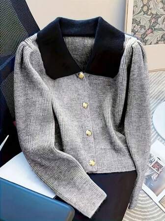 柔软修身翻领单排扣休闲百搭针织开衫