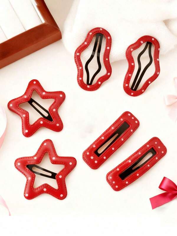 6个红色波点皮革星星云朵造型发夹，侧刘海发夹，发饰