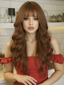 棕色假发，带刘海，长款波浪卷曲合成耐热纤维假发，适合日常派对佩戴（26英寸） - 彩色 - 查看 12