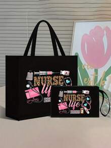 护士主题印花手提袋，轻便购物袋，兼具便携旅行沙滩包和化妆包功能，艺术字母和图案印花设计，适合女性日常使用，是一款便捷的购物袋。 - 彩色 - 查看 6