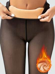 1pc Women's Thick 1200D Fleece Tights, Thermal Lined Suitable For Autumn/Winter Outerwear, Popular Recommended Net Red Autumn/Winter New Style Women Opaque Pantyhose, High Waist Semi-Sheer Leggings - Black - View 4