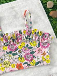 Young Girl Floral Ruffle Trim Camisole Bikini Top And Triangle Bottoms 2-Piece Swimsuit Set - Multicolor - View 4