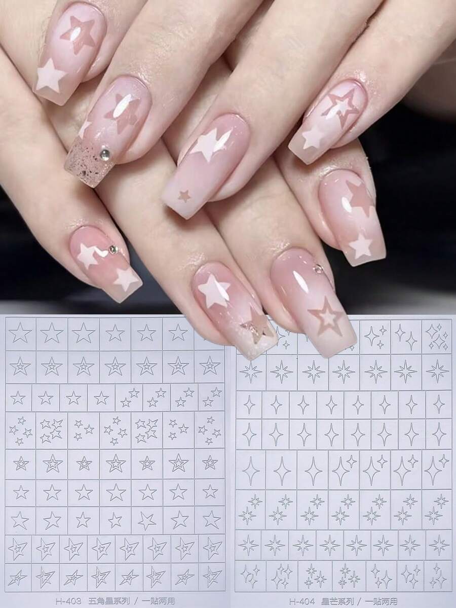 2 Sheets Airbrush Stencils Nail Stickers Irregular Pentagram Star Four-Pointed Star Hollow French Nail Art Sticker Decals Printing Templates Stencil Tool Manicure Tips Decoration Nail Supplies