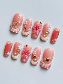 10 piezas de uñas postizas hechas a mano con temática oceánica, forma de almendra, diseño 3D de estrellas de mar y conchas, acabado brillante y brilloso, adecuado para niñas y mujeres en verano, decoración de uñas para vacaciones en la playa, con pegamento de gelatina y lima de uñas - Multicolor - Ver 2