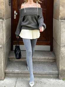 全新女式时尚婚礼纯色休闲长袖折叠性感露肩单领设计套头衫