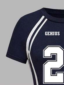 Tween Girl Numeric Print Asymmetric Shoulder Short Sleeve Top And Pants Set - Royal Blue - View 4