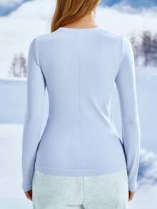 Leorrey 1pc Women Round Neck Ribbed Slim Fit Outdoor Fitness Workout Running Yoga Skiing Long Sleeve Ski Jacket - Baby Blue - View 5