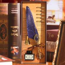 1 Caja de regalo que incluye sello, lacre, pluma caligráfica Jubaboz, juego de plumas - Pluma de inmersión, pluma de inmersión de engranaje mecánico, pluma de pluma de ganso, hecha de pluma de ganso, invierno