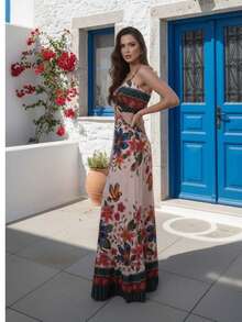 Paola Printed Maxi Dress – Elegant Side Cutouts And Front Tie - KEM HOA - Xem 2
