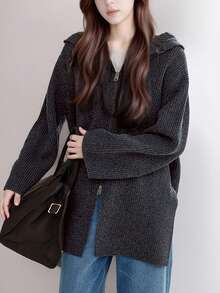 Alicedudu 女士秋冬休闲高端简约风连帽开衫 - 深灰色 - 查看 3