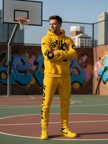 Spider Web Fashion Hip-Hop Printed Flower Hoodie, European And American  Brand Large-Sized Loose Men's And Women's Hooded Sweatshirt Set - Màu vàng - Xem 7