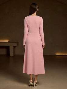 优雅针织长袖A字连衣裙，复古圆领，金色纽扣装饰，粉色连衣裙 - 粉色 - 查看 2