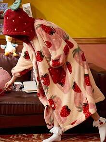 Strawberry Print Hooded Casual Robe, Christmas Gift Long Sleeve Warm Wool Thick Button Casual Loungewear With Pockets, Women Pajama Set, Essential For Winter - Multicolor - View 5