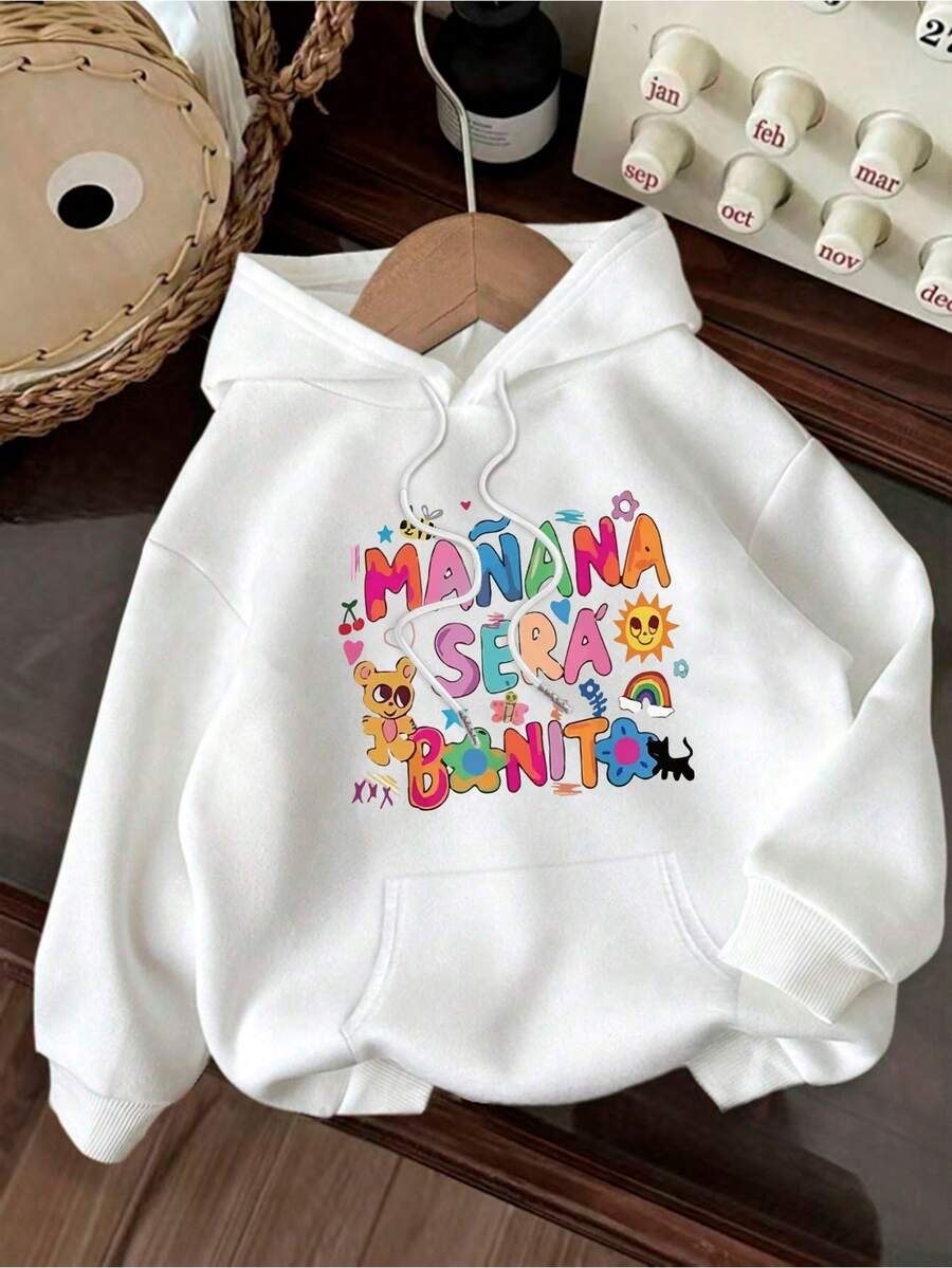 Sudadera de manga larga casual para mujeres - Sudadera con capucha acolchada con cordón y bolsillo frontal, perfecta para otoño e invierno, beige con diseño de estampado de letras coloridas "Mañana será bonito", ropa casual de invierno | Estampado de letras juguetón | Ajuste cómodo - Blanco - Ver 1
