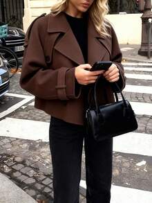 Chaqueta corta elegante y casual de unicolor oscuro con doble botonadura y solapa para mujer, adecuada para uso diario, oficina, ocio en casa, vuelta al colegio y otras ocasiones - Marrón - Ver 2