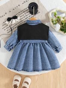 秋冬女宝宝可爱蓝领灯笼袖小马刺绣收腰休闲宽松牛仔连衣裙 - 藍色 - 查看 2