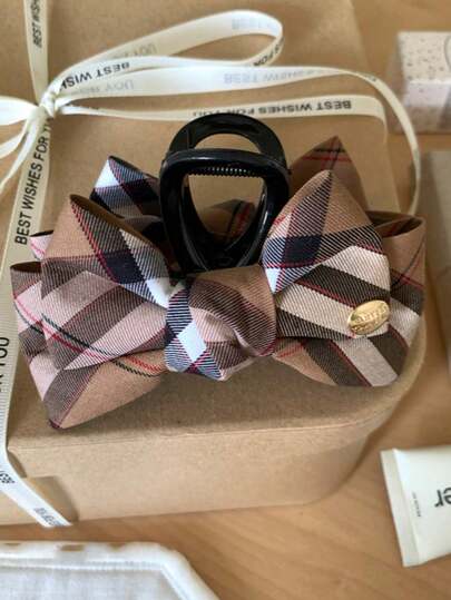 Plaid Bow Vintage Hair Claw Clip, Classic Coffee Brown High-End Fashion Hair Clip For Partial Or Full Updo, Thick Hair Bun Clamp, Christmas Gift Hair Accessory, Women Gift, Christmas Present