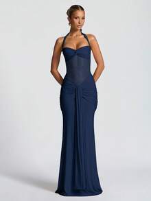 Sexy Spaghetti Strap Backless Waist Cinched High Slit Dress, Mesh Patchwork Vacation Party Dress Wedding Spring - Navy Blue - View 1