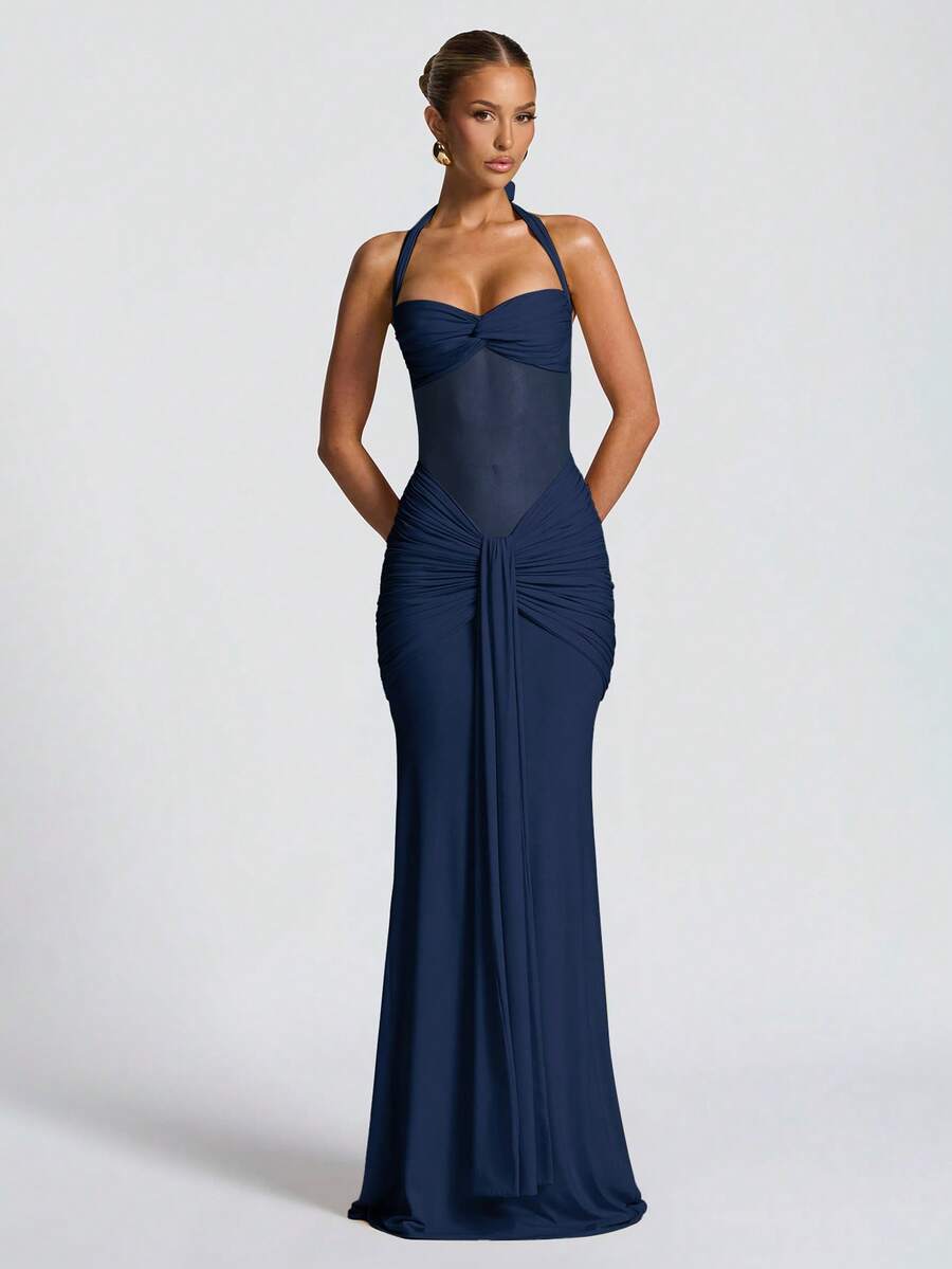 Sexy Spaghetti Strap Backless Waist Cinched High Slit Dress, Mesh Patchwork Vacation Party Dress Wedding Spring - Navy Blue - View 1