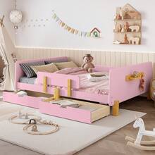 FULL SIZE TODDLER BED WITH STORAGE DRAWERS, SOLID WOOD TODDLER BED FRAME WITH BED GUARDRAIL, SMALL SHELF & HOOKS, NO BOX SPRING NEEDED, PINK - 粉色 - 查看 2