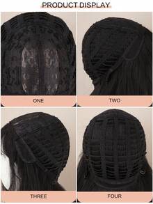 28英寸自然黑色长波浪卷发合成假发，带刘海，适合女性，深棕色假发，角色扮演，耐热，适合日常佩戴 - 彩色 - 查看 9