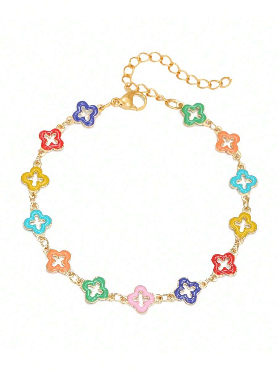 1pc Copper Cute Colorful Luck Four Leaf Clover Friendship Bracelet For Girls Fashion Charm Link Bracelets Accessories Jewelry Party Gifts New Year