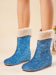 2cm Platform Glitter Snow Boots For Women, Mid-Calf, Thermal Lined, Warm, Flat Sole, New For Winter 2026 - Blue - View 6
