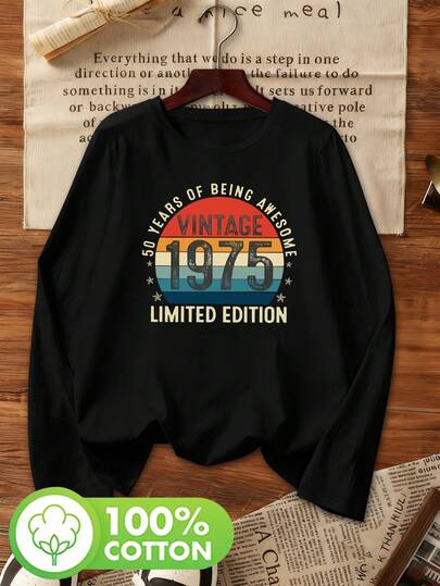 1975年复古标语印花长袖T恤，美式复古风休闲上衣，女士长袖T恤，纯棉圆领长袖上衣，女士上衣，秋冬季，保暖内衬，套头衫，卫衣，女装，秋冬季，舒适版型，秋冬穿着，日常外出