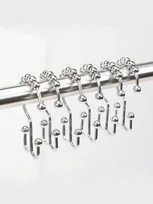 Set Of 12 Iron Shower Curtain Hooks, Easy Installation & Removal, Luxurious Elegant Double Hook With Sliding Roller Balls For Bathroom, Shower Curtains, Shower Curtain Track, Modern Bathroom Decor, Durable Metal Hooks, Bathroom Hooks, Bathroom Accessories, Valentine's Day, Valentine's Day Decor, Shower Curtain, Curtain Rod, Ramadan Items - Multicolor - View 10