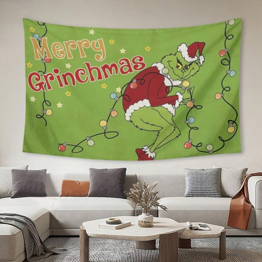 The Grinchs Merry Christmas Tapestry Flag Photo Backdrop Christmas Banner For Xmas Room Aesthetic Living Room Bedroom Party Decorations College Dorm Decor - Multicolor - View 1