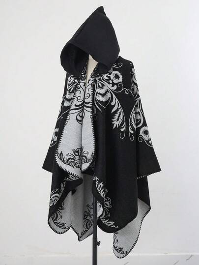 1pc Floral Jacquard Hooded Fashion High-End Women Shawl Poncho