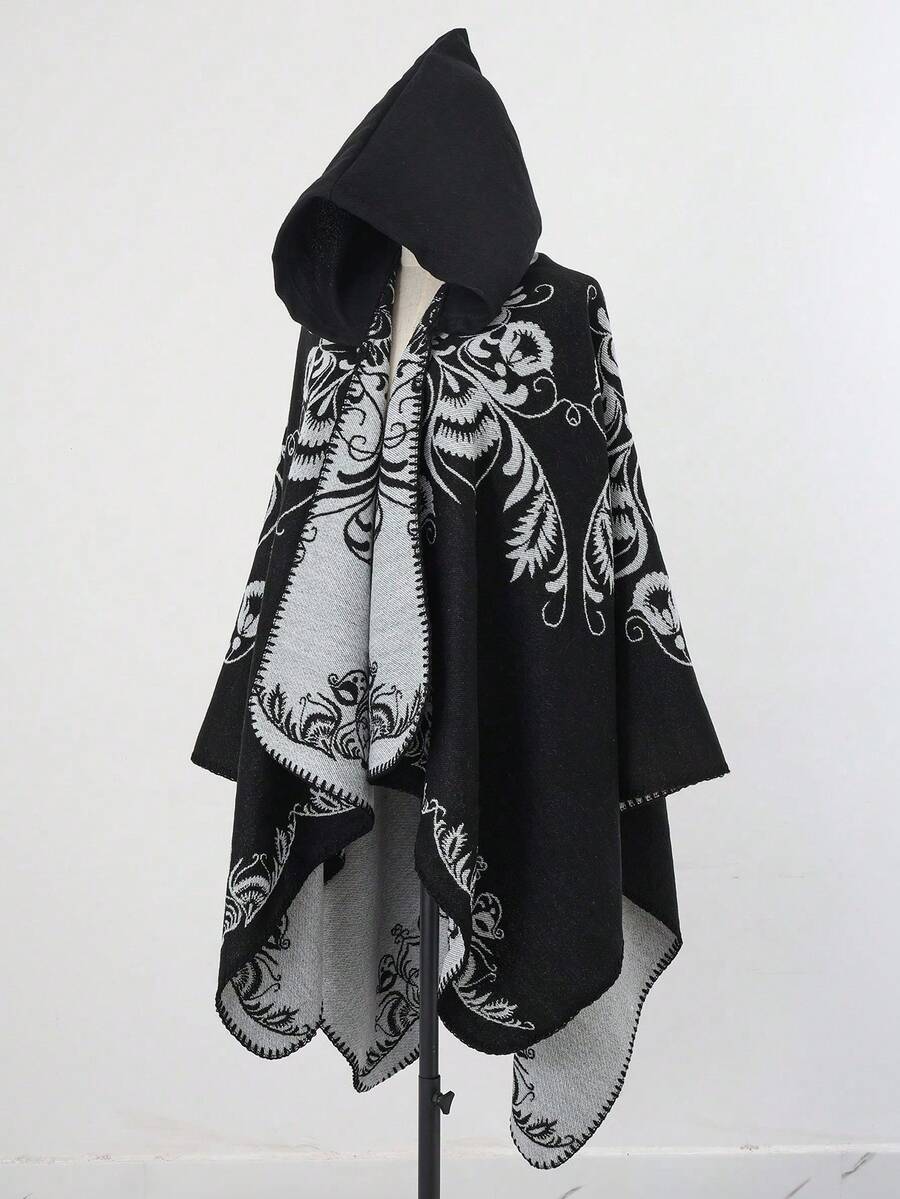 1pc Floral Jacquard Hooded Fashion High-End Women Shawl Poncho - Multicolor - View 1