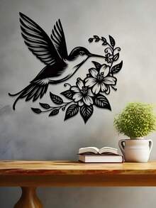 1 peça de arte de parede em metal com beija-flor e flores, placa de metal, mural, adequado para decoração de casa, decoração de jardim, decoração de quarto, decoração de parede, decoração externa, casa de campo, fazenda, jardim, varanda, sala de estar, quarto, sala de jantar, decoração de parede, Halloween/Ação de Graças/Natal, escolha de presente ideal, decoração de pássaros - Multicolorido - Ver 5
