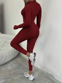 1pc Casual Solid Color Zipper Skinny Jumpsuit Pants, Autumn - Burgundy - View 10
