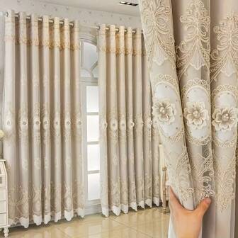 1pc Rococo Palace Elegant Lace Embroidered Blackout Curtain, Beaded Design, Hanging Rings, UV Protection, Suitable For Living Room, Bedroom, Kitchen, Balcony, Curtain Decor, Privacy Curtain, Rococo Design, Vintage Curtain, Handmade Curtain, Lace Details, Fashionable Window Decor, Luxury Curtain, Bedroom Style
