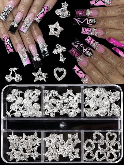 48pcs Y2K Style Silver Alloy Crystal Rhinestone Heart Star Satellite Cross Nail Art Decoration Set, Dark Subculture Dazzling Rock Punk 3D Nail & Phone Case Decor Accessories, Handmade DIY Decoration, Nail Art Jewelry, Nail Rhinestones And Decoration Gifts Nails Nail Supplies