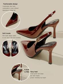女士酒红色漆皮尖头小猫跟高跟鞋，优雅正式时尚闭趾搭扣派对礼服鞋，带踝带